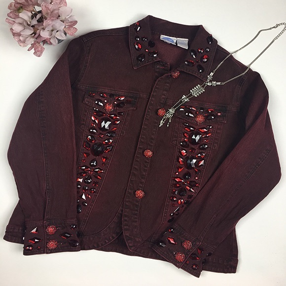Diane Gilman Jackets & Blazers - DG2 Burgundy Denim Jeweled Jacket by DIANE GILMAN